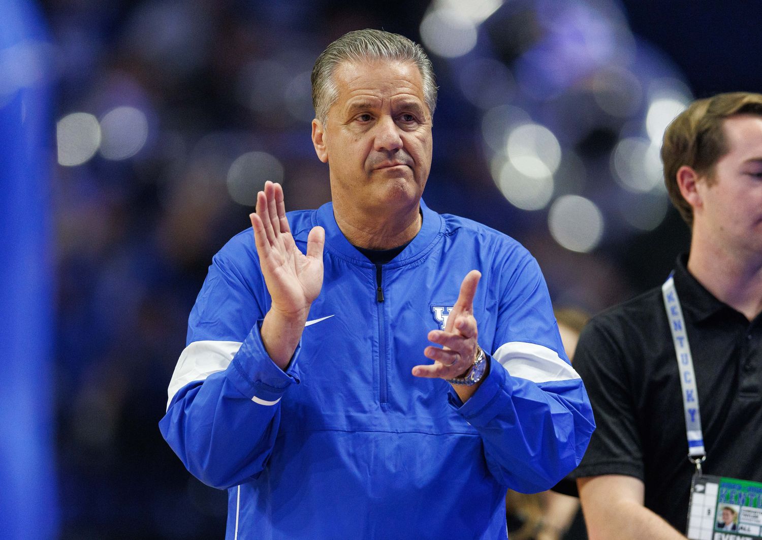 Oct 13, 2023; Lexington, KY, USA; Kentucky Wildcats head coach John Calipari reacts during Big Blue Madness at Rupp Arena at Central Bank Center. Mandatory Credit: Jordan Prather-USA TODAY Sports